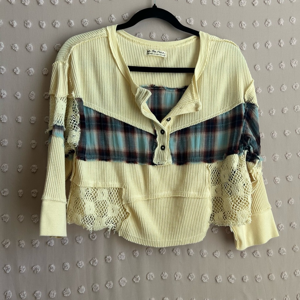 Free People Nina Plaid Patchwork Crop Long Sleeve Sz XS